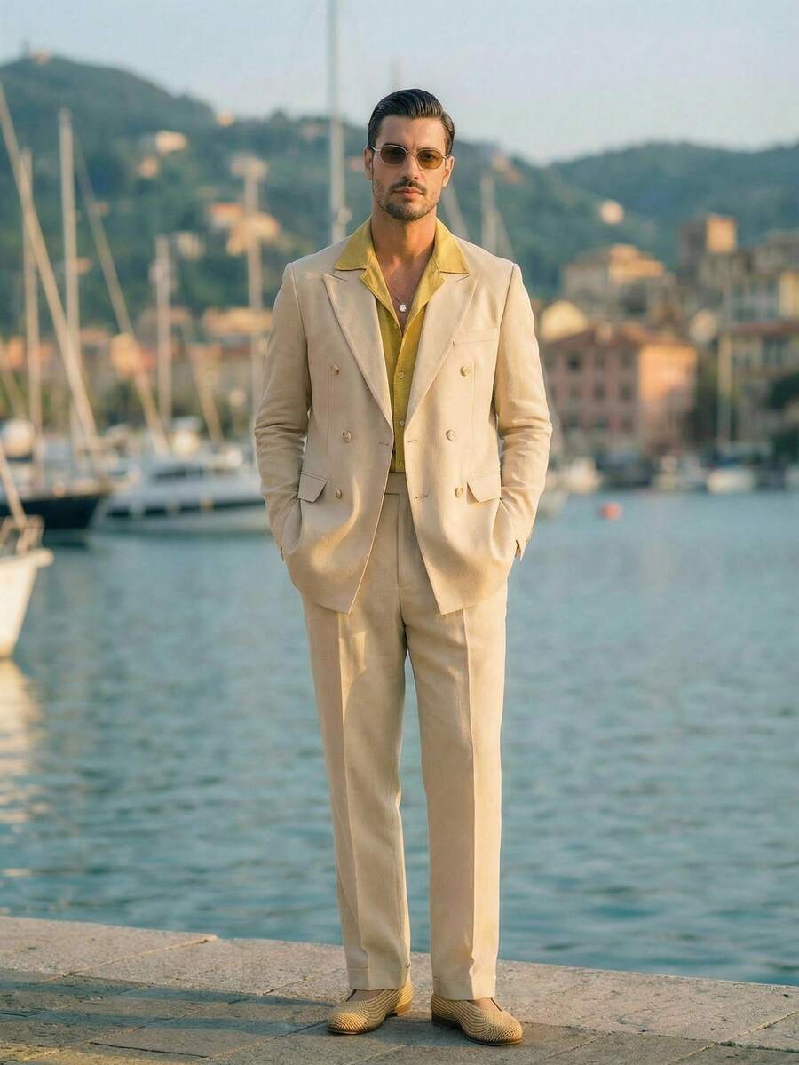 HIMLAND 男士纯色翻领长袖双排扣西装外套和裤子休闲套装