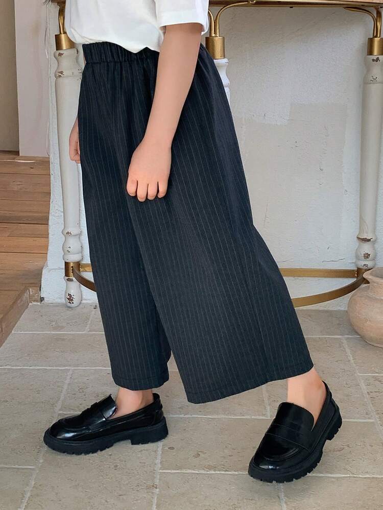 Young Girl Elastic Waist Striped Wide Leg Loose Casual Pants