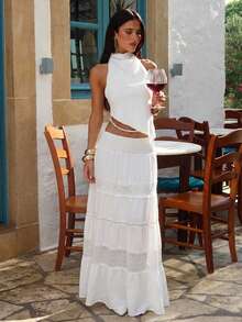 Aloruh 女士黑白波点褶裥半身裙，适合春夏度假和日常穿着 - 白色 - 查看 2