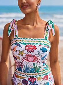 Travachic Women's Starfish & Crab Print One-Piece Swimsuit, Suitable For Beach Vacation, Pool Party, Beach Party - Multicolor - View 7