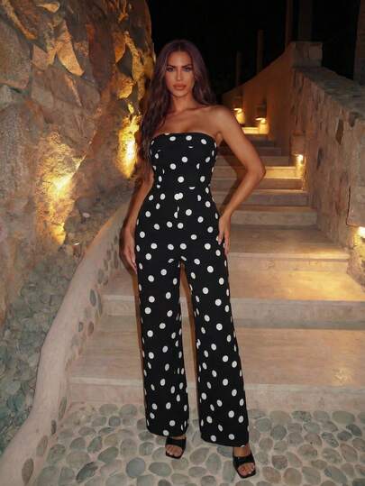 SHEIN Glamour Mono de mujer, mono sin tirantes de punto a lunares blanco y negro