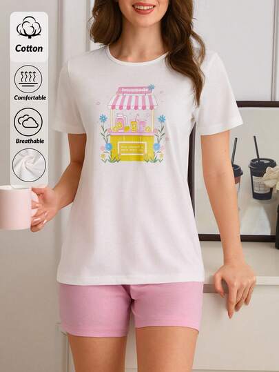 SHEIN Cotton Line Women Casual Lemonade Pattern Short Sleeve Round Neck Top And Comfy Baby Pink Solid Color Shorts