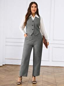 Miaspire Plus Size Women 2 Pieces Set: Single-Breasted Vest And Pants, Business Casual Outfit Business Casual Woman Two Piece Outfits New Year Look  Stylish Clothing Collection - Grey - View 1