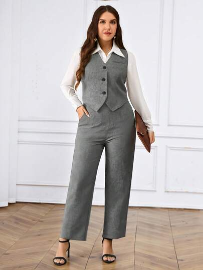 Miaspire Plus Size Women 2 Pieces Set:Single-Breasted Vest And Pants, Business Casual Outfit Woman Two Piece Outfits New Year Look Stylish Clothing Collection