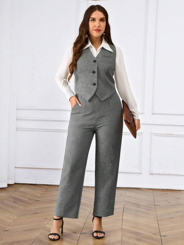 Miaspire Plus Size Women 2 Pieces Set: Single-Breasted Vest And Pants, Business Casual Outfit Business Casual Woman Two Piece Outfits New Year Look  Stylish Clothing Collection