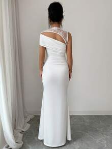 Rafferiza Blanco,Verano,Elegante,Vestido de Invitada de Boda con Encaje,Hombros Descubiertos,Fruncido,Sin Mangas,Cola de Sirena,Ropa Formal de Lujo para Mujeres - Blanco - Ver 2