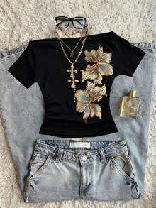 Glimmora 夏季刺绣花卉露肩短袖修身女式T恤 - 黑色 - 查看 1
