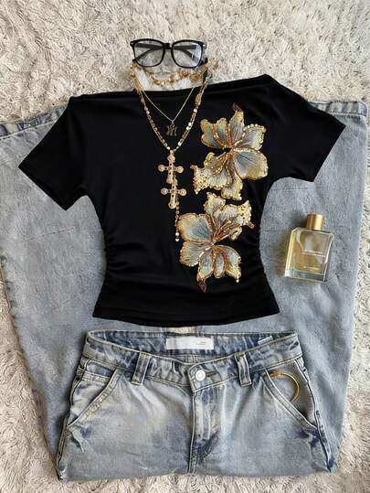 Glimmora 夏季刺绣花卉露肩短袖修身女式T恤