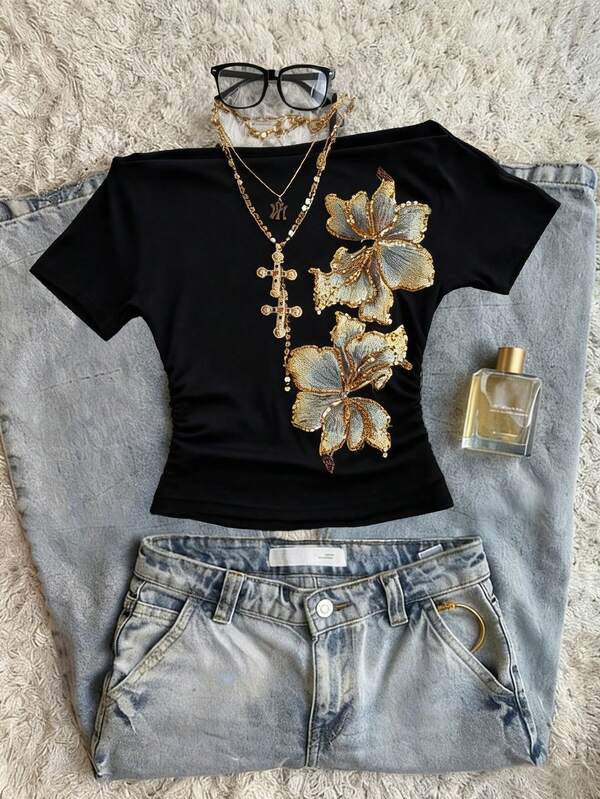 Glimmora Summer Embroidered Floral Off Shoulder Short Sleeve Slimming T-Shirt For Women