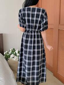 Summer Elegant Plaid Waist Cinching Dress, Japanese Style Loungewear - Navy Blue - View 2