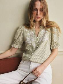 Écloséra 女士立领格子刺绣泡泡袖衬衫，夏季上衣 - 綠色 - 查看 3