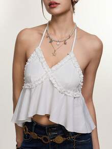 INAWLY Women's White Summer Casual Vacation Halter Neck Tie Backless Ruffle Camisole,Loose Slim Fit Vintage Pear Shape Apple Shape Friendly 3D Tailoring - White - View 1