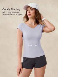 OutZeal Áo tập gym nữ, áo thun thể thao màu trơn, mùa hè xuân, tennis, yoga, áo casual, thoáng mát, ôm sát, tay ngắn, giúp kiểm soát vòng bụng, thích hợp cho hoạt động thể thao. - Màu tím - Xem 2
