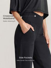 GLOWMODE 35" FeatherFit™ Long Strides Buttery-Soft Sweat-Wicking Stretchy Crossover Waist Tall Side Pockets Wide-Leg Pants Low Impact Yoga Pilates Studio Daily Wear - Black - View 4