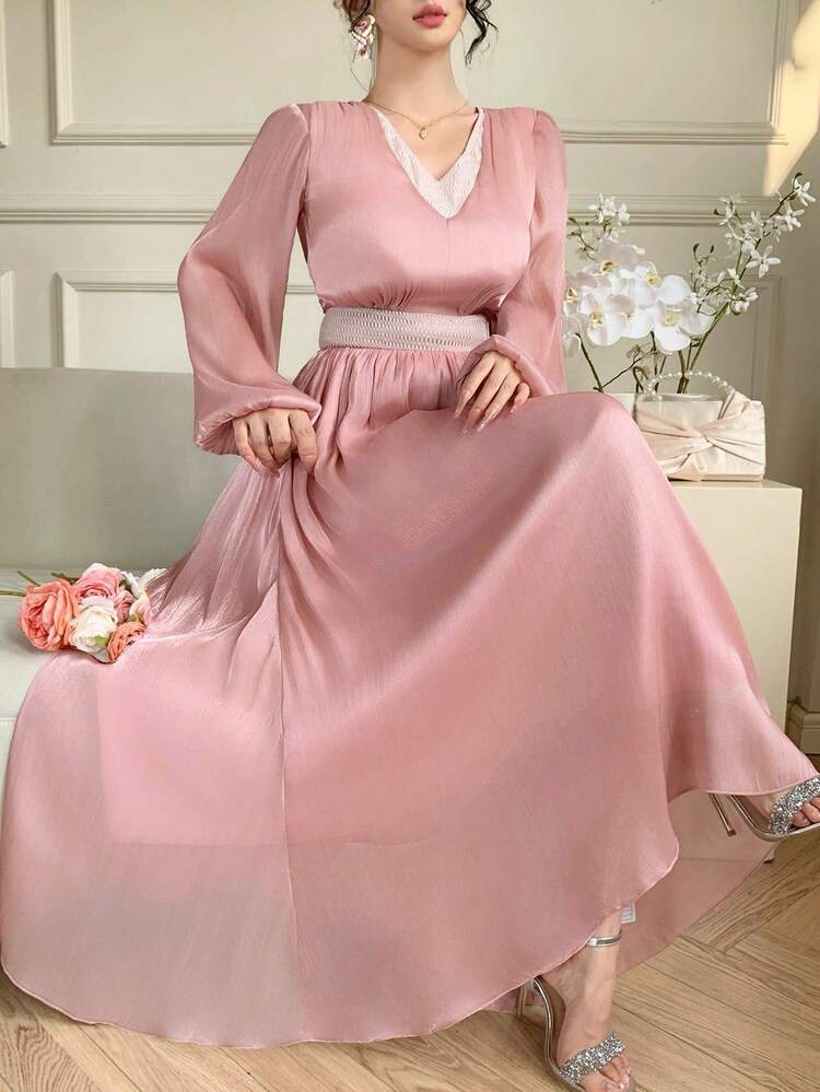Spring & Summer Lace Trim Scarf Shawl, Elegant For Valentine's Day, Wedding, Party, Formal Occasion. Chiffon Dress With Long Sleeves, Waist Cinched, Flowy Skirt, Suitable For Commuting And Formal Events