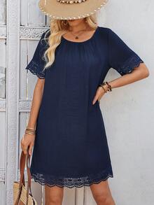 EMERY ROSE Đầm ngắn nữ màu trơn, viền ren, kiểu dáng thường ngày, thích hợp cho kỳ nghỉ. - Xanh đậm - Xem 5