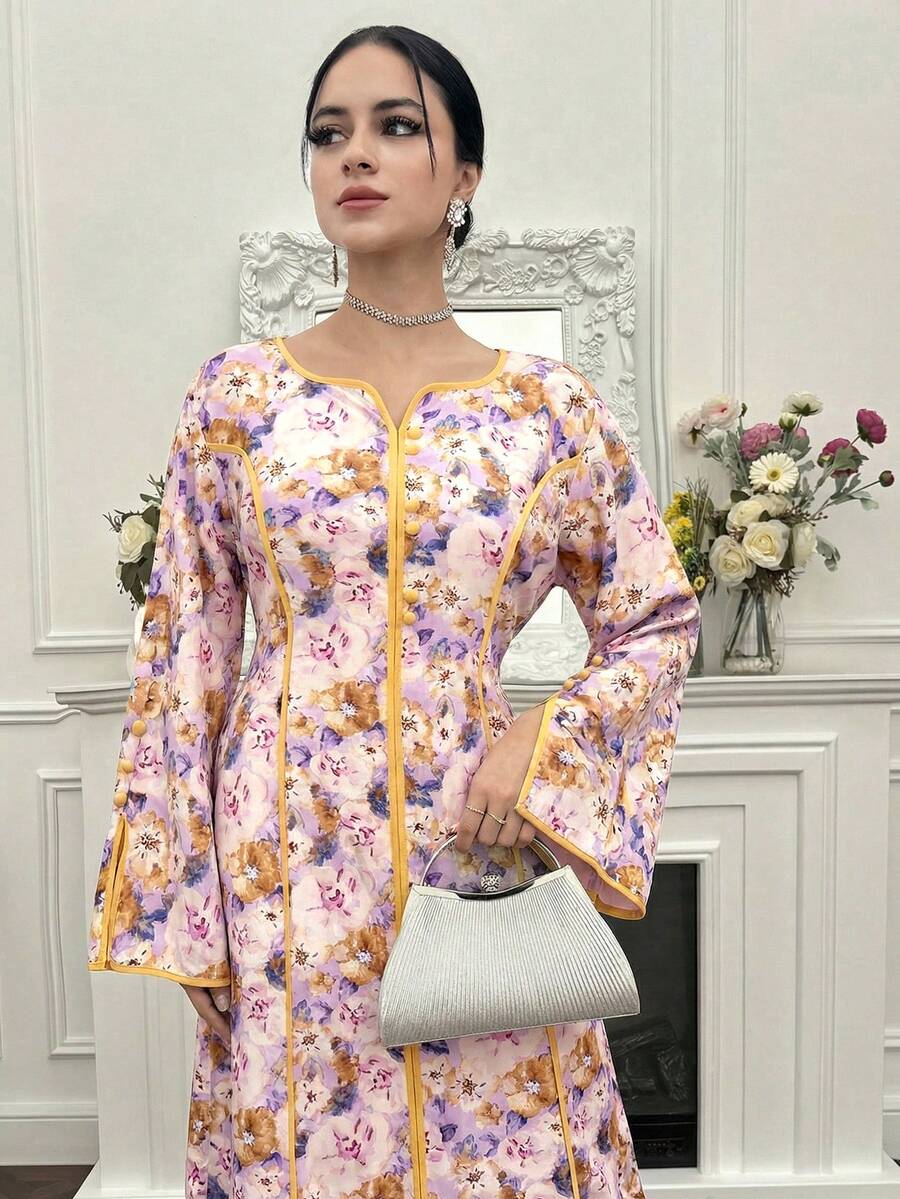 Yasmyna 女士印花长袖优雅阿拉伯风格连衣裙 - 紫色 - 查看 1