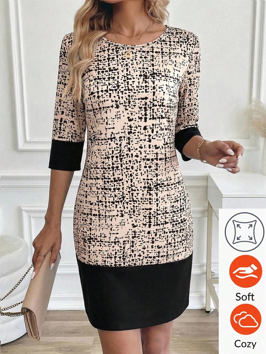 SHEIN Clasi 女士优雅印花中袖短款连衣裙，通勤和日常穿着皆宜，春夏款 - 卡其色 - 查看 1