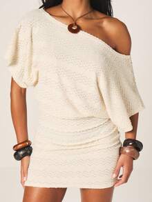 MISSGUIDED 女士露肩迷你沙滩罩衫连衣裙，采用纹理针织面料，宽松版型，适合夏季度假 - 白色 - 查看 5