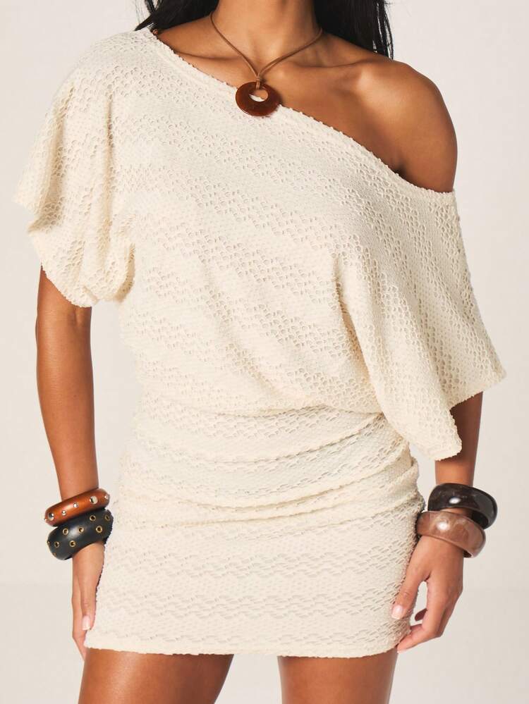MISSGUIDED Women's Off-Shoulder Mini Beach Cover Up Dress With Textured Knit Fabric And Relaxed Fit For Summer Vacation