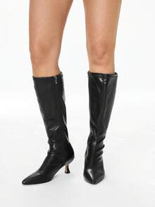 Glitzique 2025秋冬韩版简约过膝长靴，弹性面料，绒面质感，修身廓形，侧拉链，尖头高跟，猫跟 - 黑色 - 查看 11