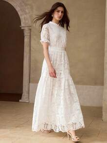 MOTF PREMIUM 2026 SUMMER WOMEN'S JACQUARD EMBROIDERED HOLLOW-OUT WAIST CINCHED DRESS - White - View 6