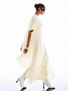 LYSMO 女士纯色圆领短袖收腰优雅长裙 - 淡黃色 - 查看 1