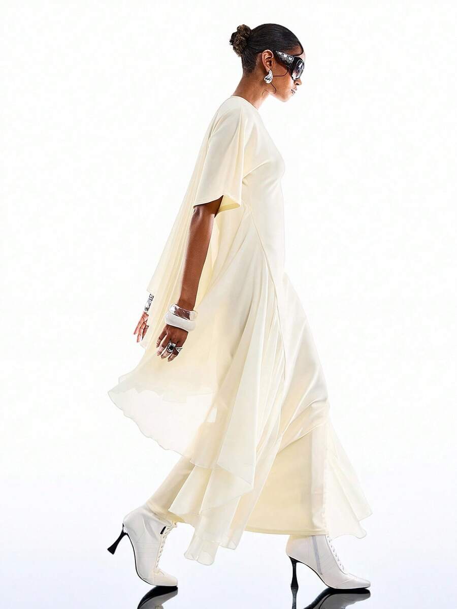 LYSMO 女士纯色圆领短袖收腰优雅长裙 - 淡黃色 - 查看 1