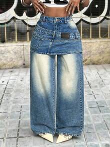 Slaydiva Women's Casual Washed Denim Wide Leg Jeans - Blue - View 1