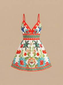 Travachic Vestido corto de tirantes finos con estampado tejido para mujer, ideal para vacaciones de primavera/verano - Multicolor - Ver 1