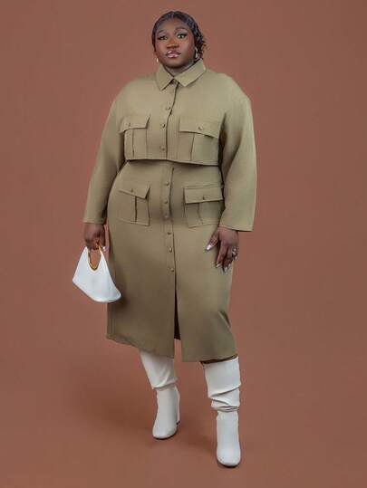 CurvyTilda 2025 秋冬新款女装、音乐节万圣节服装、生日礼服、日常休闲装、度假装、邮轮旅行装、海滩装、日光浴装、热门绿色实用口袋长袖短款衬衫和迷你裙、大码休闲套装