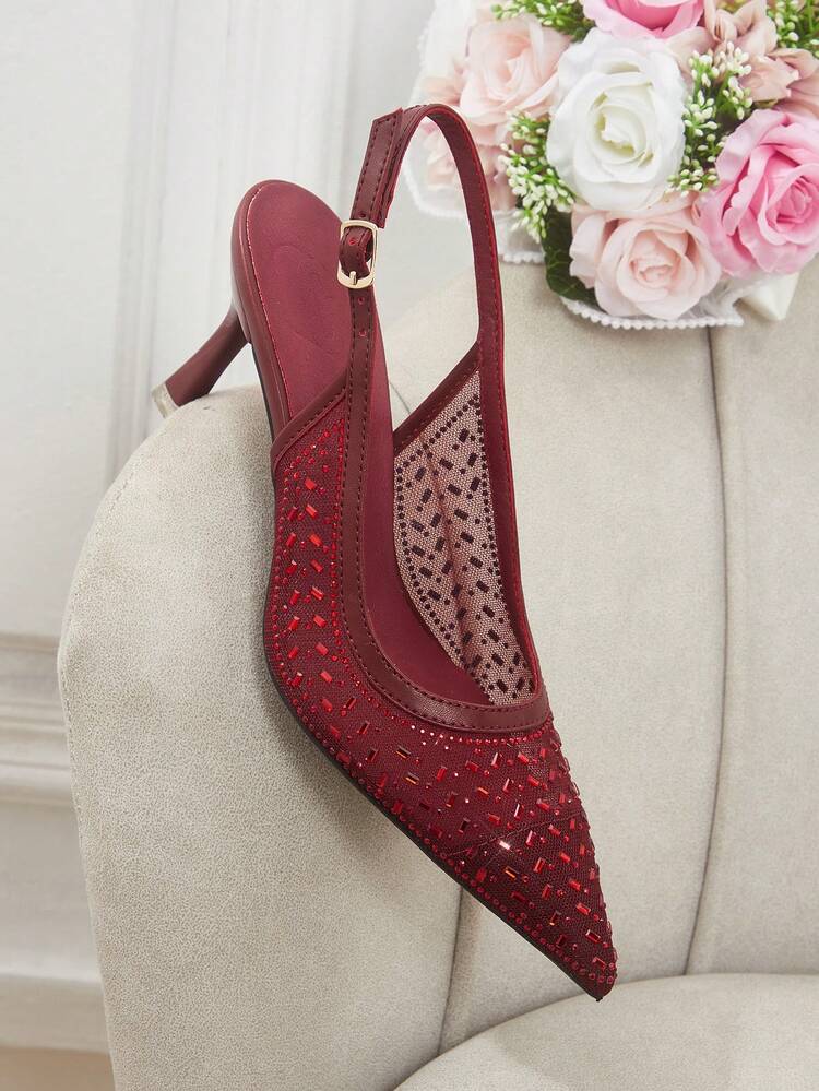 CUCCOO HITCHD Summer And Autumn Burgundy Mesh Pressure Drill Pointed Tip Thin Heel Sexy Elegant Empty Women's High Heel Shoes Summer Shoes Wedding Shoes Bride Shoes