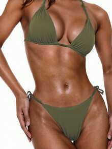 Swim Basics Solid Color Sexy Tie-Up Bikini Swimsuit Set For Women, Beachwear For Summer Beach Vacation - Army Green - View 3
