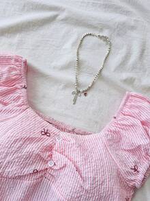 SHEIN 少女粉色编织纹理蝴蝶印花休闲宽松露背上衣 - 粉色 - 查看 6