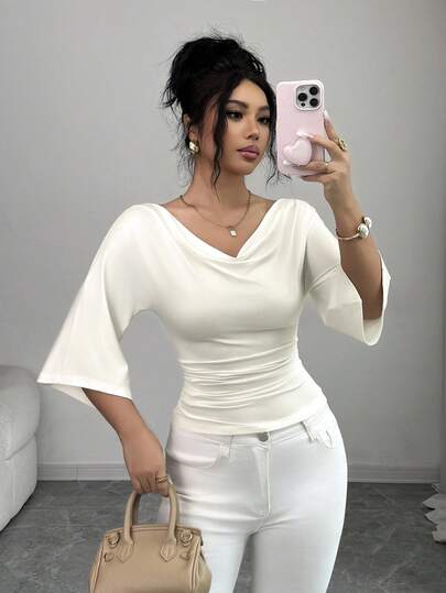 Elenzga Elegant Urban Chic New Apricot Draped Neck 3/4 Sleeve Fitted Cropped Top, Suitable For Daily Wear, Weddings, Galas, Commute, Graduation Parties, Holidays, Vacations, Dates, Parties, Halloween, Christmas, New Year, Thanksgiving, Weddings