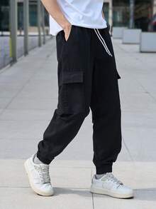 Manfinity Homme Men's Casual Solid Color Cargo Jogger Jeans - Black - View 4