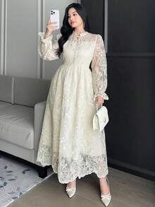 Dazy Plus Plus Size Women's Elegant Lace Tie-Up Party Dress, Spring/Summer - Apricot - View 4