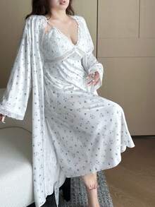 Dazy Plus Plus Size Women Floral Lace Patchwork Sleepwear Set, Includes Robe And Slip Dress, Spring/Summer - White - View 5