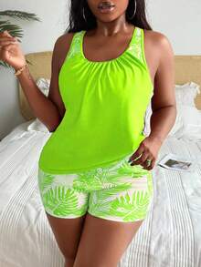 Swim Lushoire Plus Size Women Beach Vacation Ruched Tankini Top And Shorts Swimwear Set - Green - View 6