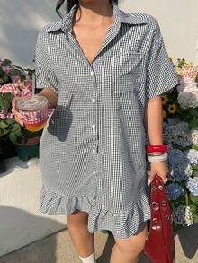 GalTyme 大码夏季休闲格子前扣连衣裙 - 黑與白 - 查看 3