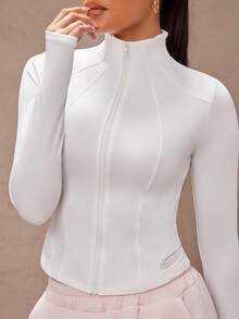 Lumalex Zip-Up Sporty Jacket, Plain Color Minimalist Casual Everyday Wear - White - View 2