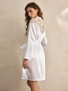 Charlaine Satin Lace Floral Lace Trim Robe, Tie-Waist, French Romantic, White, Everyday Women Sleepwear - White - View 1