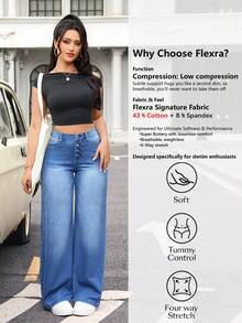 Flexra Women's Pocket Button Casual Versatile Daily Wear Wide Leg Jeans - Blue - View 2