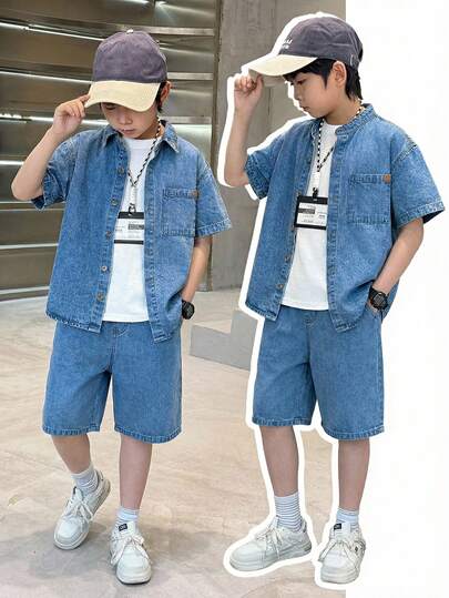 2 piezas Camisa de mezclilla de manga corta con cuello alto y cintura elástica, y pantalones cortos de mezclilla sueltos y cómodos, conjunto de ropa casual y vintage para niño preadolescente, atuendo ideal para uso diario, festivales y ropa de calle en primavera y verano