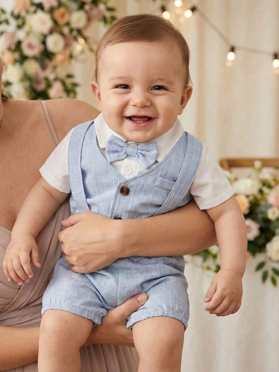 Souflis Souflis 2件套幼儿男童蓝色格子拼接白色领衬衫配领结、背心和短裤套装，绅士风夏季套装，6个月-3岁 - 藍色 - 查看 1