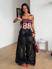 Coolane 女士春夏Y2K图案撞色蕾丝运动筒裙荷叶边迷你裙 - 黑色 - 查看 5