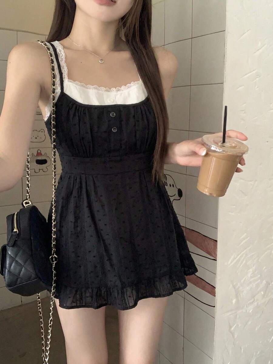 DAZY Camiseta de tirantes de mujer con encaje y contraste de color a cuadros para el verano - Negro - Ver 1