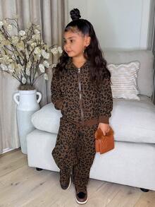DAZY 2pcs/Set Young Girls Hooded Leopard Print Casual Loose Sweatshirt Jacket And Loose Sweatpants, Korean Style - Brown - View 4