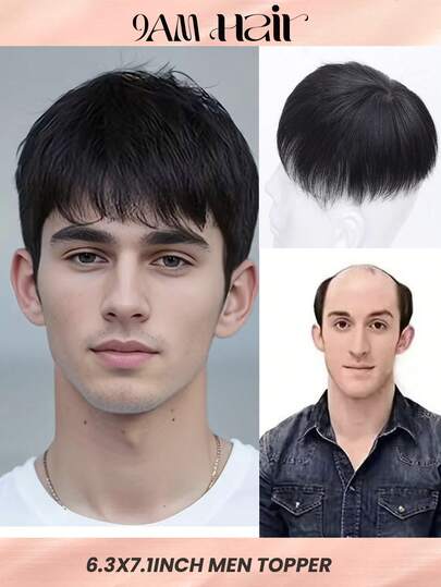 6.3x7.1Inch Men Topper Black Short Human Hair Men Toupee Covering Hair Loss Natural Look Hair System For Baldness & Thinning Hair Straight Hairpiece Hand Made Natural Style