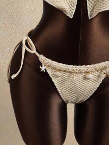 Bộ bikini 2 mảnh mùa hè dành cho nữ, chất liệu vải lưới, kiểu dáng thường ngày, buộc dây cổ. - Màu be - Xem 7